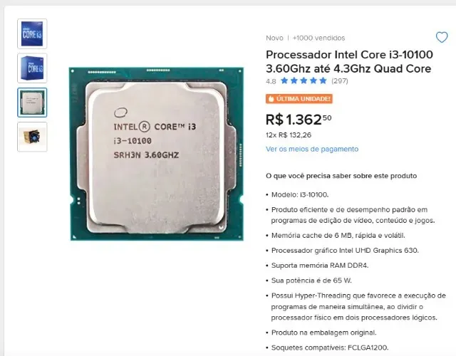 SÓ VENDA Processador Intel Core I3-10100 3.6GHZ / 4.3 GHZ COM VIDEO INTEGRADO !