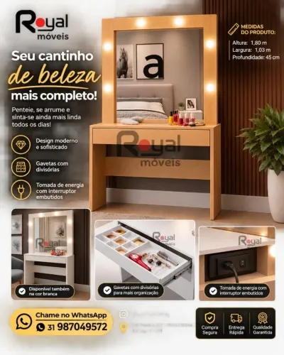 Penteadeira Camarim C/LED 1 Gaveta C/Divisorias. Produtos Novos Direto da Fábrica.