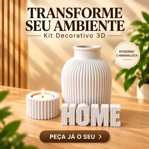 Kit Decoração Home 3D com Vaso e Porta-Vela Moderno 3 Peças