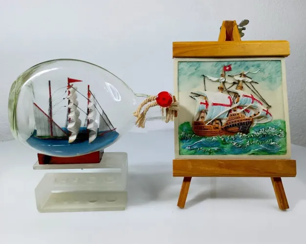 Decoração Náutica: Garrafa e Quadro de Mesa Caravelas.