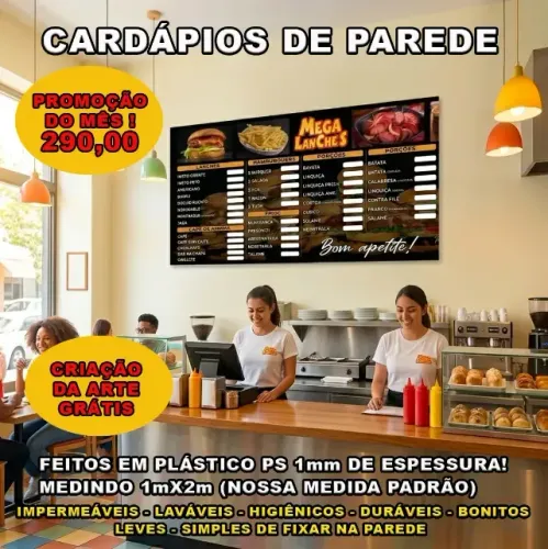 CARDÁPIO PAINEL DE PREÇOS CARDÁPIO DE PAREDE 2X1m ARTE GRÁTIS!
