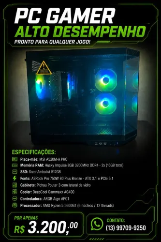 Novo - PC Gamer AMD Ryzen 5 5600GT | 16GB RAM | SSD 512GB | Fonte 750W