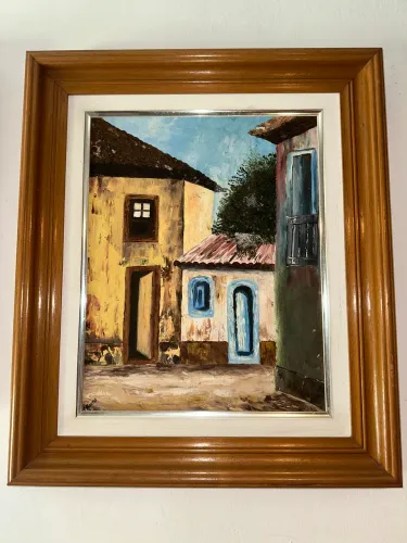 Quadro pintura casario colonial 56x65 cm com moldura