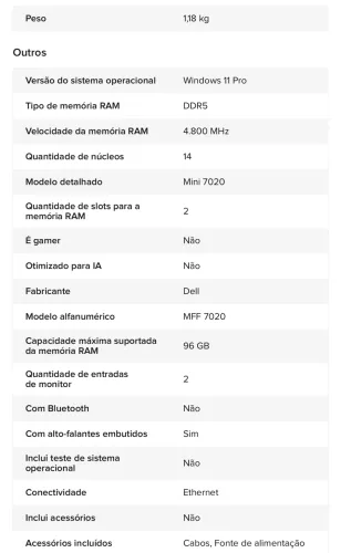 Mini Pc Dell Optiplex 7020 I5 14th 16gb Ddr5 256gb Win11 Pro 127/220v