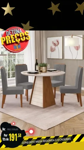 Conjunto de jantar mesa redonda com vidro e 4 cadeiras