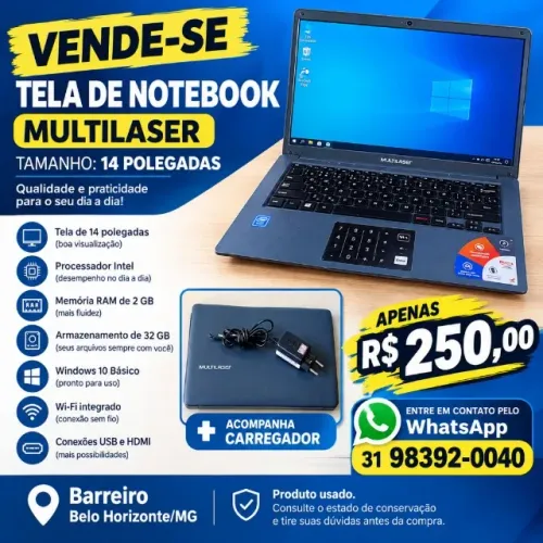 Tela de notebook Multilaser mais carregador casa loja informática computador escritório