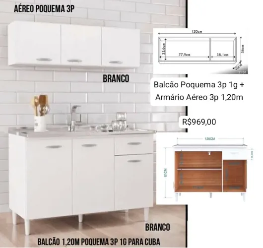 Balcão Poquema 3p 1g + Armário Aéreo 3p 1,20m