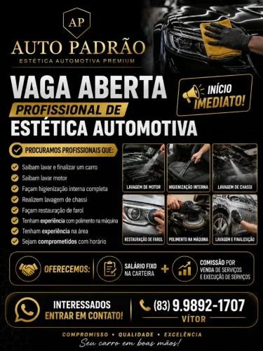 VAGA ABERTA - PROFISSIONAL DE ESTÉTICA AUTOMOTIVA