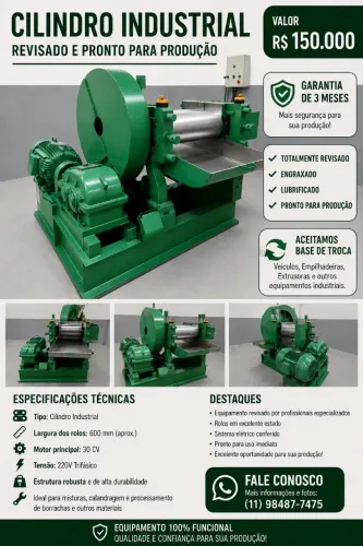 Cilindro Industrial para Borracha 700x300mm - 30 CV - Revisado + Garantia