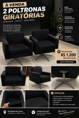 2 Poltronas Giratórias Pretas - Confortáveis e em Ótimo Estado