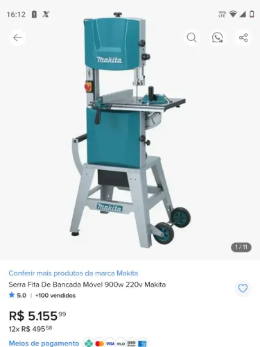 Serra fita de bancada móvel Makita 900 watts. Nova na caixa. Nunca montada.