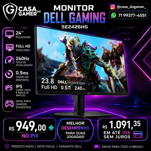 Monitor Gamer Dell 24" Full HD 240Hz IPS, 0,5ms (novo)