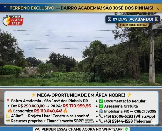 ? TERRENO 480m² ? BAIRRO ACADEMIA! SÃO JOSÉ DOS PINHAIS!
