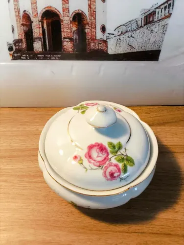 manteigueira porcelana real rosas com filetes de ouro