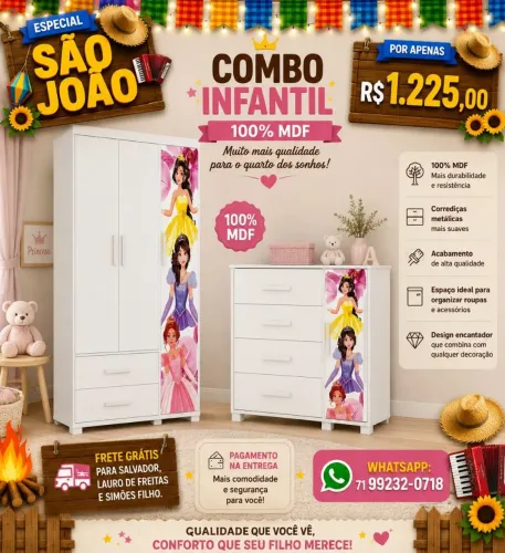 ROUPEIRO + CÔMODA INFANTIL 100% MDF