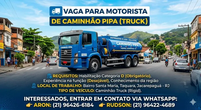 Vaga para categoria D carro pipa d'água 