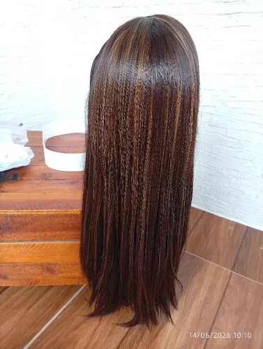 Peruca sintética castanha lisa 60 cm de alta qualidade 
