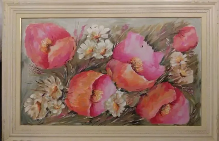 Quadro Flores pintado a mão com moldura pintura a oleo