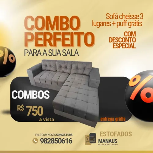 Combo Perfeito de Sofá Cheisse 3 Lugares + Puff Grátis