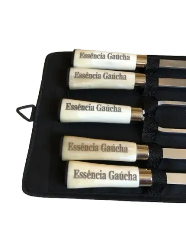 Kit com 5 espetos alumínio 70cm - cabo de osso - personalizado