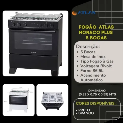 Fogão 5 Atlas Bocas Monaco Plus Automático Promoção