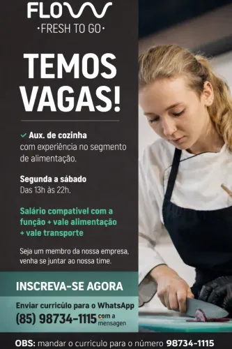 Vaga para auxiliar de cozinha com experiência no segmento de alimentação.