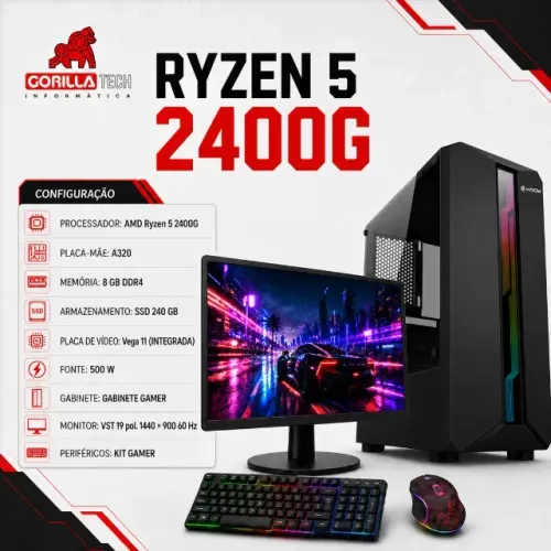 PC Completo Ryzen 5 2400G Vídeo Integrado 8GB SSD 240GB + Monitor 19" Novo