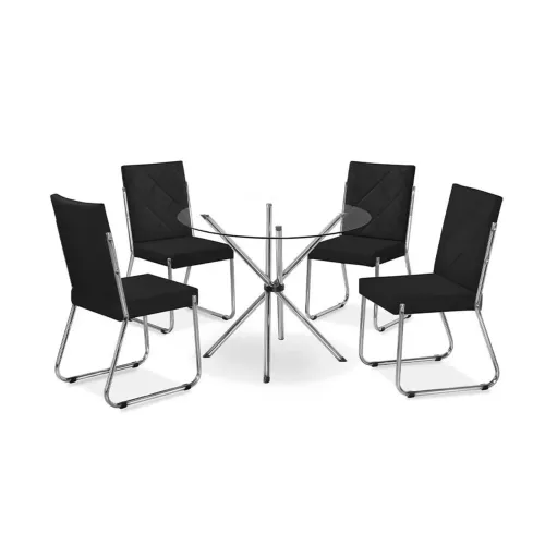 Mesa de Jantar Leticia Plus com Tampo Kanon e 4 Cadeiras Estofadas Revestidas em Suede