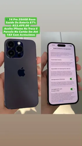 iPhone 14 Pro 256GB Roxo - Saúde Da Bateria 87% (Usado)
