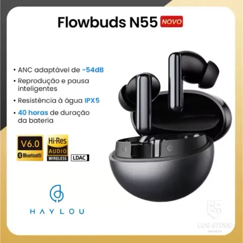 Fone Bluetooth 6.0 Haylou N55 Flowbuds ANC 54db Ldac Hi-res 40h de Bateria Preto