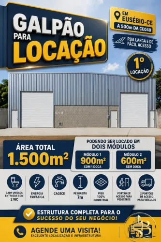 Galpões para Locação em Eusébio/CE | 600m² e 900m² | Doca | Piso Industrial | Até 1.500m²