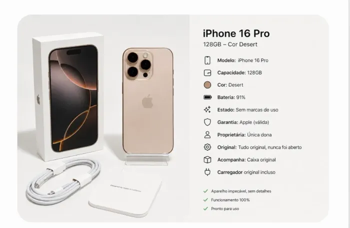 Vendo IPhone 16 pro, 128 gb, cor Desert 