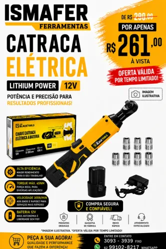 CHAVE CATRACA ELETRICA A BATERIA 12V BIVOLT THE BLACK TOOLS - BCC120