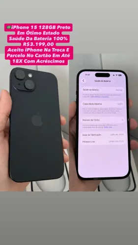 iPhone 15 128GB Preto - Saúde Da Bateria 100% (Usado)