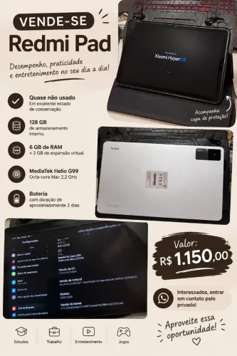 VENDE-SE REDMI PAD XIAOMI - ESTUDOS E TRABALHO