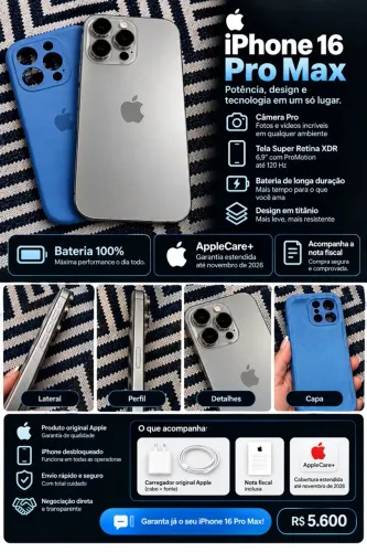 Iphone 16 pro max 256gb saúde da bateria 100% 