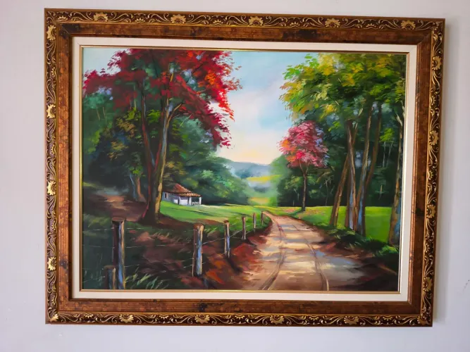 Quadro Paisagem Rural 60x80 em Óleo - Moldura Trabalhada
