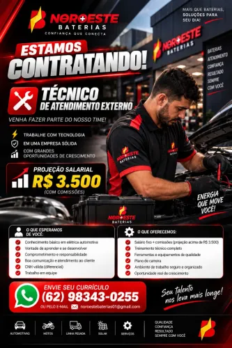 VAGA TÉCNICO EXTERNO | R$ 3.500+ | MOTO DA EMPRESA + COMISSÃO