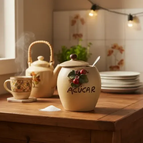 Pote Açucareiro Cerâmica Com Relevo De Frutas 17x20cm (Usado)