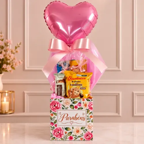 Presente Kit Cesta Cafezinho Parabéns Floral