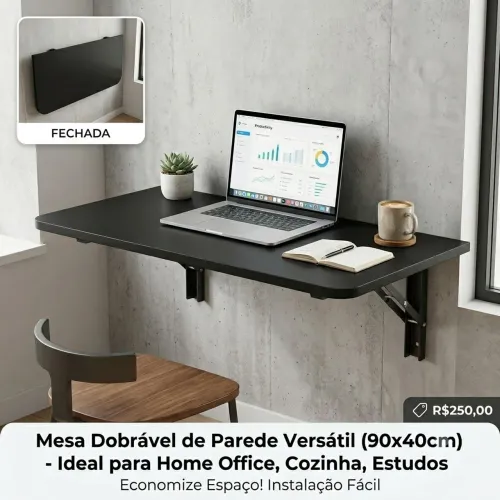 Mesa Dobrável de Parede Suspensa Preta 90x40cm - Otimize seu Espaço!