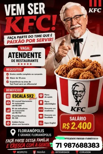 Vaga Atendente KFC Continente Shopping