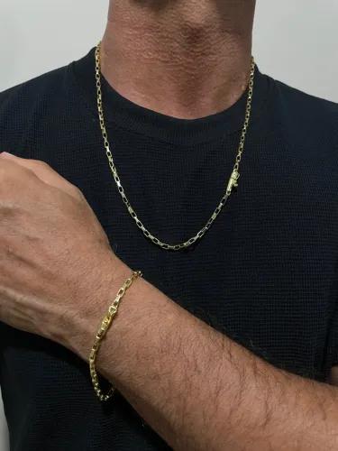 Kit Corrente E Pulseira Masculina Moeda Antiga Banhada A Ouro