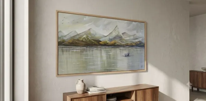 Quadro paisagem Marina barco a Deriva e Montanhas 100x50