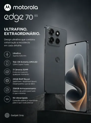 [LACRADO] Smartphone Motorola Edge 70 5G 256GB | 24GB RAM Boost | Nota Fiscal e Garantia