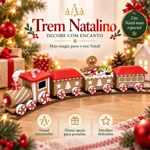 Trem de Natal Decorativo com Vagões Temáticos para Decoração Natalina