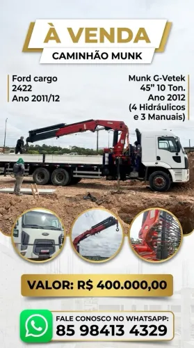 Ford Cargo 2422 Ano 2011/12 com Munck G-Vetek 45 Ton/m - Pronto para Trabalhar!