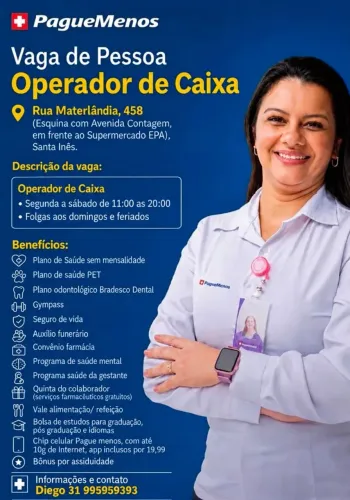 Vaga Operador de Caixa Farmácia Pague Menos