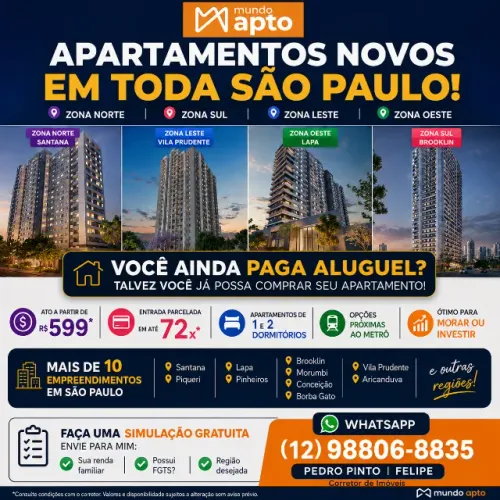 SAIA DO ALUGUEL - Apto em SP na planta com 599,00 e entrada em 72x