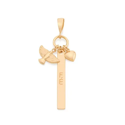 Pingente com berloques espírito santo, coração e placa escrito fé. med 5,50 cm